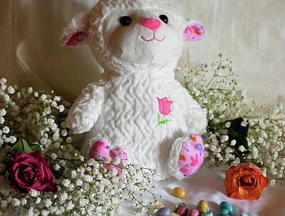 Animals Photos - Bed with Easter Lamb and Roses and Candy and Babys Breath by Sheri Fresonke Harper
