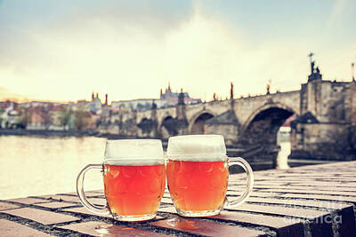 Beer Photos - Beer in Prague, Czech Republic with view on Charles Bridge by Michal Bednarek
