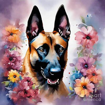 Modern Man Surf - Belgian Malinois Dog in Watercolor with Blossom Beauty by Adrien Efren