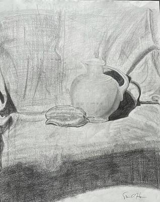 Still Life Drawings Royalty Free Images - Bell pepper and vessel Royalty-Free Image by Stephen Lawrence Ohara