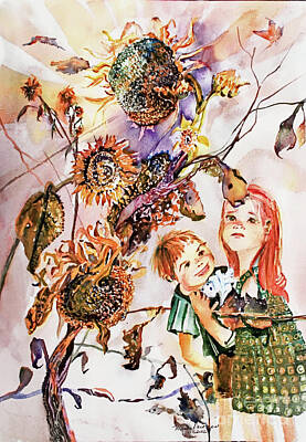 Sunflowers Paintings - Beneath Sunflowers by Mindy Newman