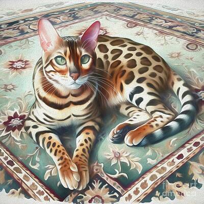 Roses Royalty-Free and Rights-Managed Images - Bengal Cat on an Oriental Rug Chalk Effect by Rose Santuci-Sofranko
