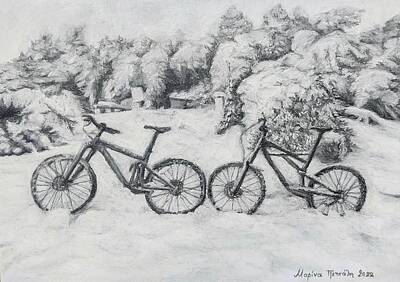 Athletes Paintings - Bicycles In The Snow by Marina Petsali