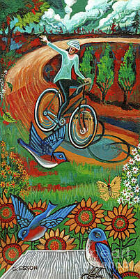Athletes Royalty Free Images - Bicyclist With Bluebirds and Sunflowers Royalty-Free Image by Genevieve Esson