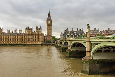 Food And Beverage Signs - Big Ben by Westminster Bridge and the River Thames on a cloudy day in London by Snap-T Photography
