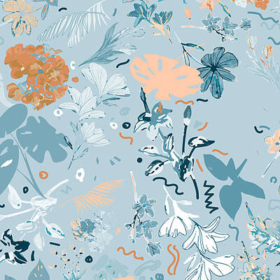 Floral Digital Art - Big Florals 2 in Peach Terracotta Blue on Light Blue Large by Anjali Arora