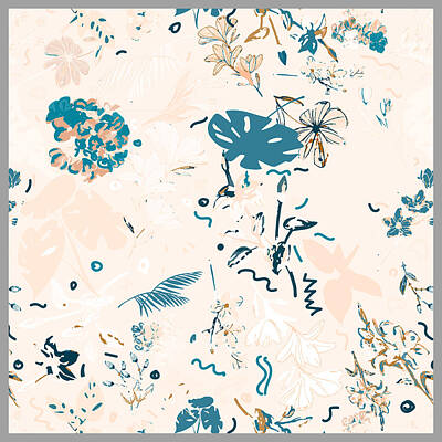 Florals Digital Art - Big Florals 2 in Peach Turquoise on Beige Large by Anjali Arora