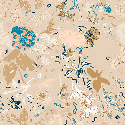 Florals Digital Art - Big Florals 2 in Turquoise Ochre Peach on beige Large by Anjali Arora