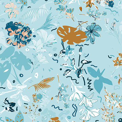 Floral Digital Art - Big Florals 2 Repeat pattern in Blue Peach Terracotta on Light Blue by Anjali Arora