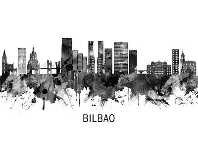 Abstract Skyline Mixed Media - Bilbao Spain Skyline BW by NextWay Art