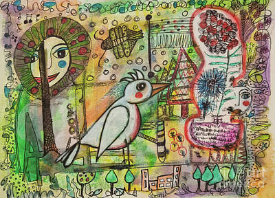 Animals Mixed Media - BIRD and APPLETREE by Mimulux Patricia No