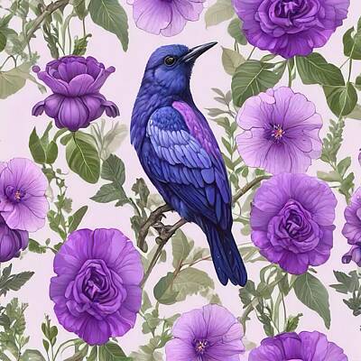 Floral Digital Art - Bird on Purple Floral Pattern by Lisa Pearlman