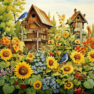 Sunflowers Rights Managed Images - Birdhouses in sunflower garden blue birds 1 Royalty-Free Image by EML CircusValley