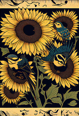 Birds Digital Art - birds  eating  sunflower  seeds  Bees  pollinating  t  bda  ac  b  bc  aeeeae by Asar Studios by Celestial Images