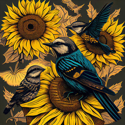 Animals Digital Art - birds  eating  sunflower  seeds  Bees  pollinating  t  bdfc  ad    dd  ebbaa by Asar Studios by Celestial Images