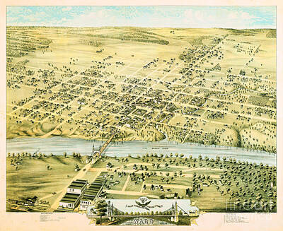 City Scenes Drawings - Birds Eye View Map of Waco Texas in 1873 Including Waco University Waco Female College and Waco Mill by Peter Ogden