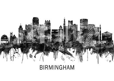 Abstract Skyline Mixed Media - Birmingham England Skyline BW by NextWay Art