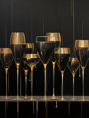 Still Life Paintings - Black and Gold Wine Glass Art - Modern Wine Art by Lourry Legarde