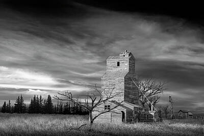 Randall Nyhof Royalty-Free and Rights-Managed Images - Black and White of Abandoned Grain Elevator in a Rural Landscape by Randall Nyhof