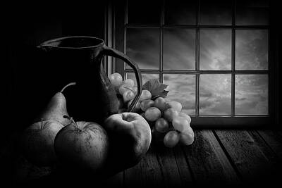 Randall Nyhof Royalty-Free and Rights-Managed Images - Black and White of Fruit Still Life with Pitcher by Window at Su by Randall Nyhof