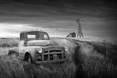 Randall Nyhof Royalty-Free and Rights-Managed Images - Black and White of Old Pickup Truck Abandoned on the Prairie by Randall Nyhof