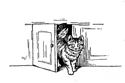 Mammals Drawings - Black and white outline sketch of a cat ac4 by Historic Illustrations