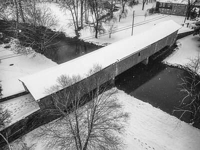 Farmhouse Rights Managed Images - Black and White Snowy Bogert Covered Bridge Aerial Royalty-Free Image by Jason Fink