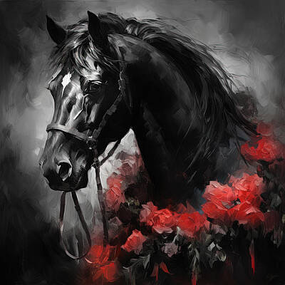 Roses Paintings - Black Arabian Horse Art by Lourry Legarde