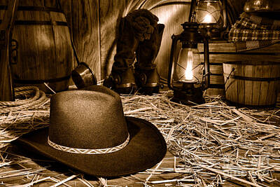Landmarks Photos - Black Cowboy Hat in an Old Barn - Sepia by American West Legend