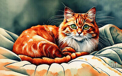 Digital Art Rights Managed Images - Blanket Red Cat Pet Pose Royalty-Free Image by Rhys Jacobson