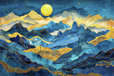 Mountain Digital Art - Blue and Golden Mountain Landscape 01 by Matthias Hauser