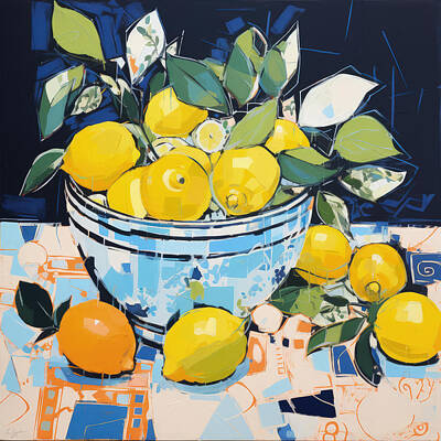 Still Life Paintings - Blue and Yellow Kitchen Decor by Lourry Legarde