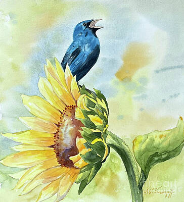Sunflowers Paintings - Blue Bird on Sunflower by Hilda Vandergriff