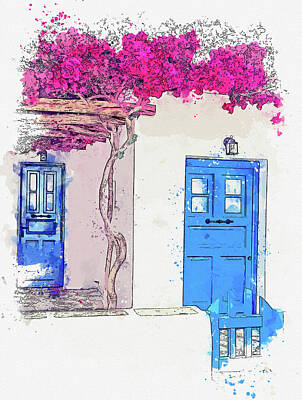Abstract Skyline Paintings - Blue Door, ca 2021 by Ahmet Asar, Asar Studios by Celestial Images