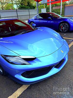 Sports Photos - Blue Ferrari and Maserati on the Forecourt by Douglas Brown