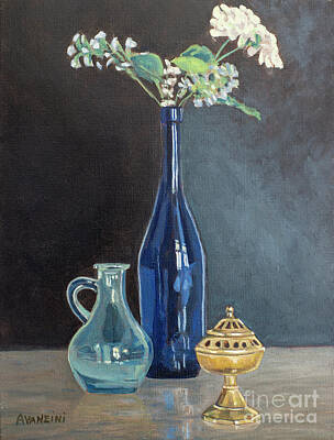 Eric Fan Whimsical Illustrations - Blue Glass Wine Bottle with Flowers Water Jug and Censer Still Life by Pablo Avanzini
