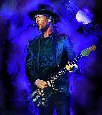 Musician Mixed Media - Blue on Black by Mal Bray