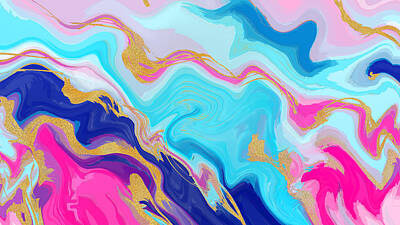 Abstract Drawings - Blue pink marble texture with gold glitter by Julien
