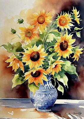 Sunflowers Digital Art - Blue Vase of Sunflowers  by James Eye