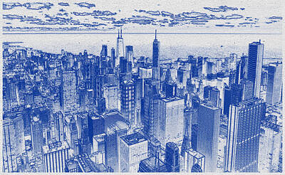 Up Up And Away - Blueprint drawing of Chicago Skyline, Illinois, USA - 1 by Celestial Images