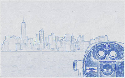 City Scenes Digital Art - Blueprint drawing of Coin-operated Binoculars With View of New York City by Celestial Images