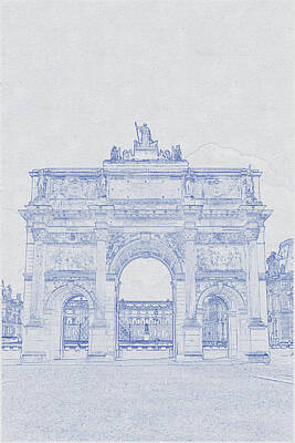 Pop Art - Blueprint drawing of Famous historical Triumphal Arch on spacious square in Paris by Celestial Images