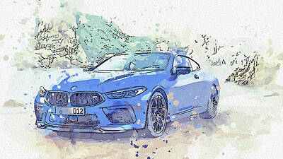 Airplane Paintings Royalty Free Images - BMW M8 -  Modern Cars Poster, watercolors ca 2020 by Ahmet Asar Royalty-Free Image by Celestial Images