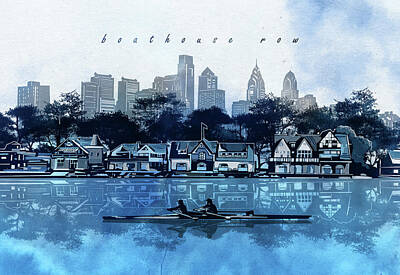 Landmarks Digital Art - Boathouse Row Watercolor Blue by Bekim M