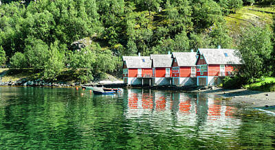 Gaugin Rights Managed Images - Boathouses at Geiranger Fjord Norway Royalty-Free Image by Sam Hall