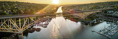 Abstract Landscape Photos - Boating Under Aurora Bridge Seattle Sunset Aerial Panorama by Open Range Studios