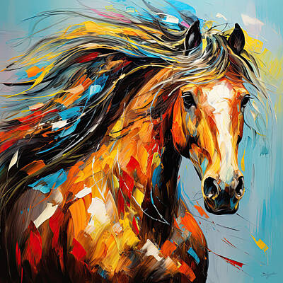 Mammals Royalty-Free and Rights-Managed Images - Born Free-Colorful Horse Paintings - Yellow Turquoise by Lourry Legarde