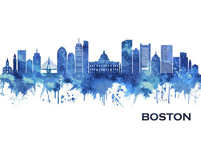 City Scenes Mixed Media - Boston Massachusetts Skyline Blue by NextWay Art