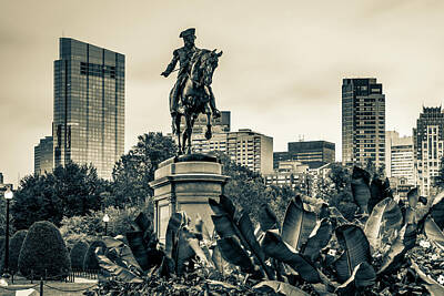 Politicians Photo Royalty Free Images - Boston Public Garden Skyline and Equestrian Washington Statue in Sepia Royalty-Free Image by Gregory Ballos