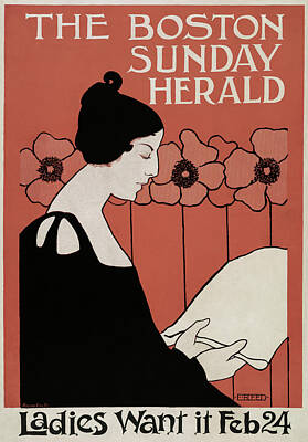 Airplane Paintings Royalty Free Images -  Boston Sunday Herald vintage poster of a woman reading a newspaper in art nouveau st Royalty-Free Image by Celestial Images